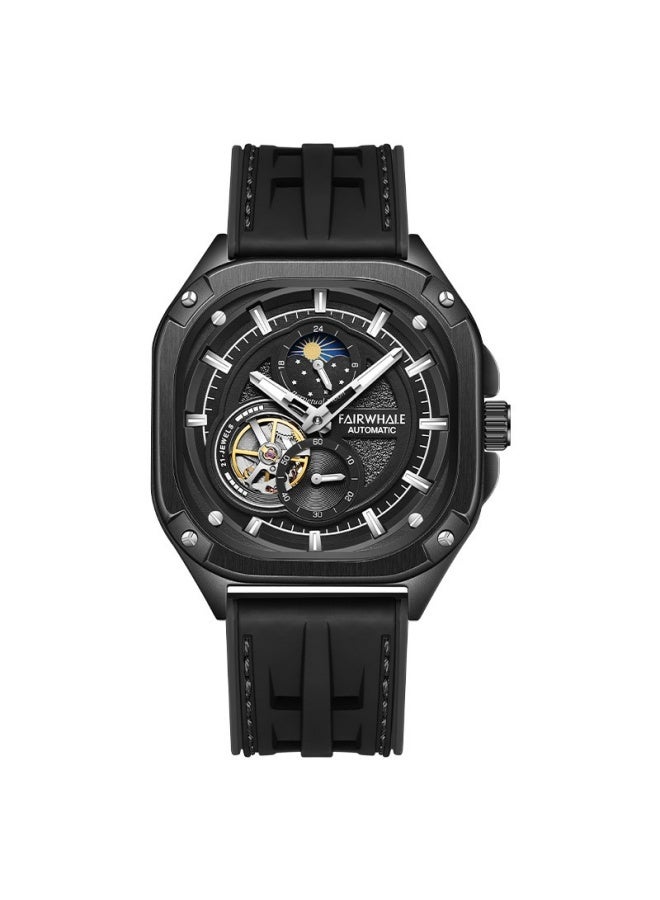 Mark Fairwhale Men's Retro Multi-Function Tourbillon Mechanical Watch with Celestial Theme - Black Dial & Black Silicone Strap