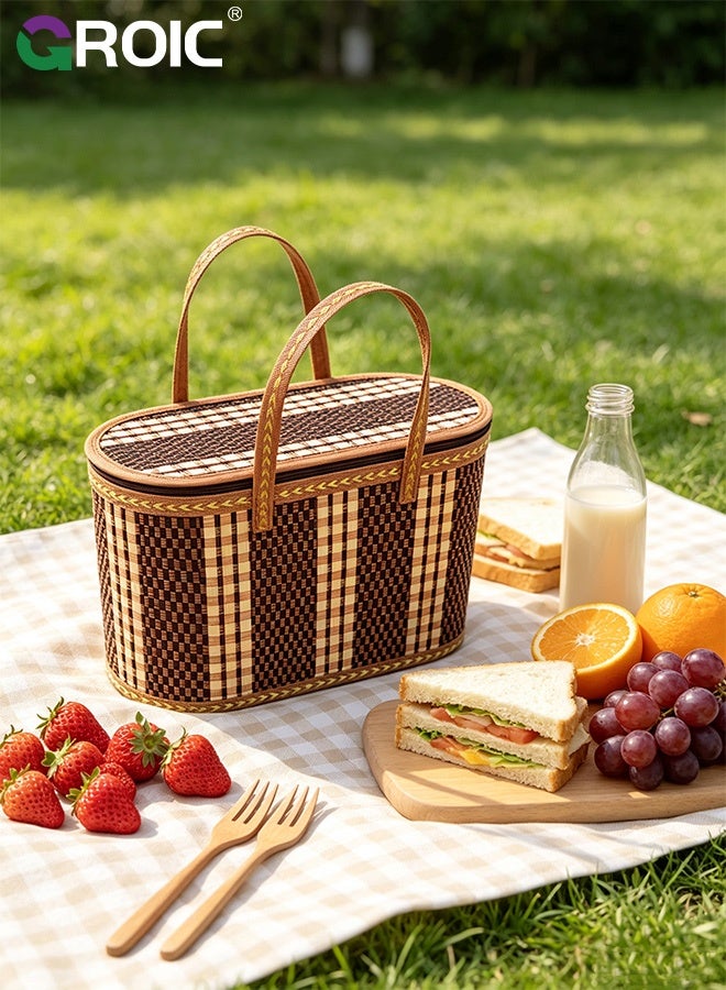 GROIC Portable Hand‑Woven Bamboo Picnic Basket with Lid Oval Food Carrier for Camping Travel Fruit Gift Storage Hamper,Portable Food Storage Basket - Image 4