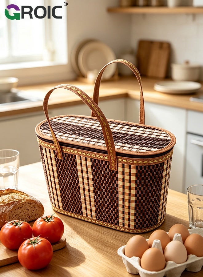 GROIC Portable Hand‑Woven Bamboo Picnic Basket with Lid Oval Food Carrier for Camping Travel Fruit Gift Storage Hamper,Portable Food Storage Basket - Image 3