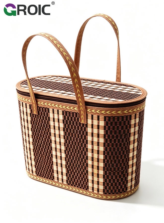GROIC Portable Hand‑Woven Bamboo Picnic Basket with Lid Oval Food Carrier for Camping Travel Fruit Gift Storage Hamper,Portable Food Storage Basket - Image 1