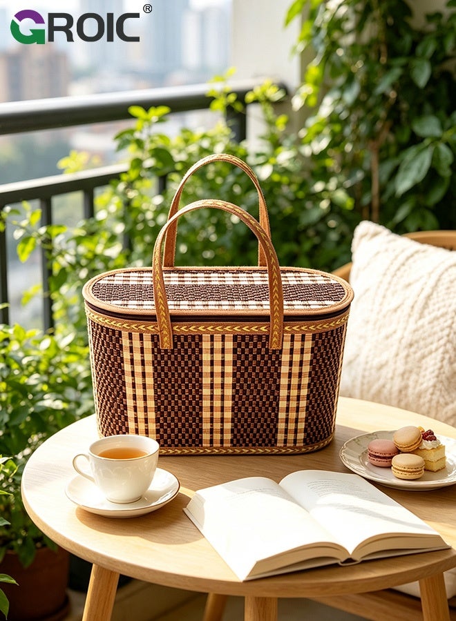 GROIC Portable Hand‑Woven Bamboo Picnic Basket with Lid Oval Food Carrier for Camping Travel Fruit Gift Storage Hamper,Portable Food Storage Basket - Image 2
