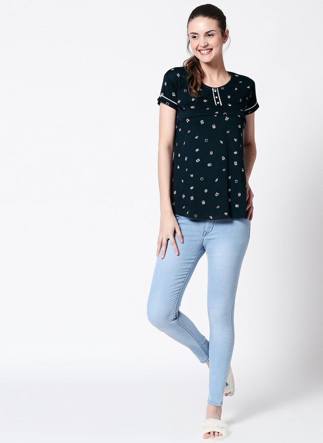 Zeyo Women Navy Blue Printed Nursing & Feeding Top - Image 3