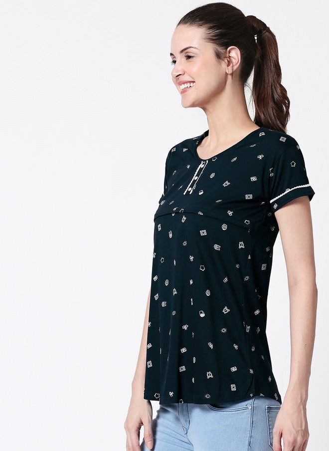 Zeyo Women Navy Blue Printed Nursing & Feeding Top - Image 4
