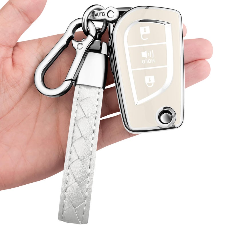 Sindeda for Toyota Key Fob Cover with Keychain Soft Full Protection Key Shell Key Case Compatible with Fortuner Tundra Camry RAV4 Highlander Corolla 3 Buttons White