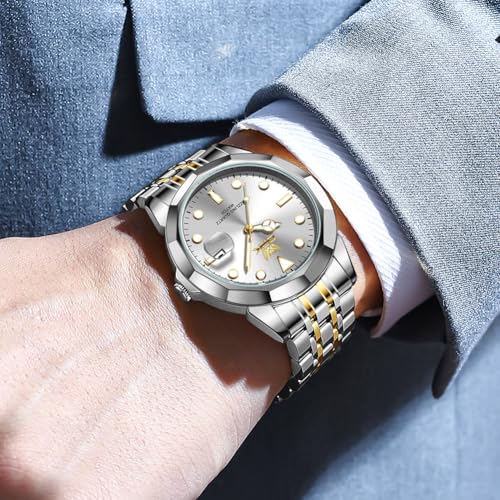 OPK Watch for Men Gold White Simple Fashion Stainless Steel Analog Mens Wrist Watch Large Dial Waterproof Date Casual Watch for Man - Image 4