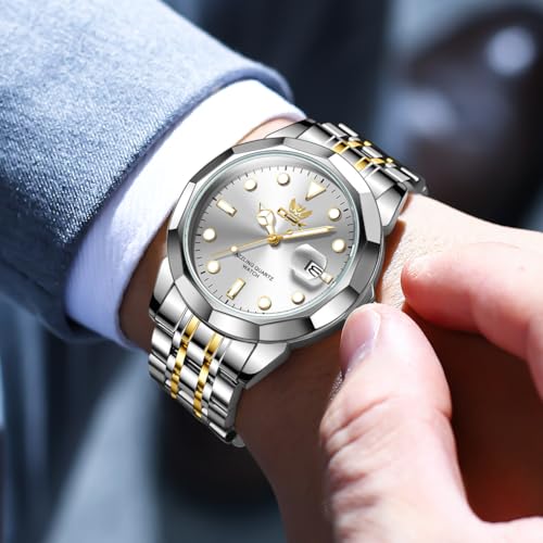 OPK Watch for Men Gold White Simple Fashion Stainless Steel Analog Mens Wrist Watch Large Dial Waterproof Date Casual Watch for Man - Image 2