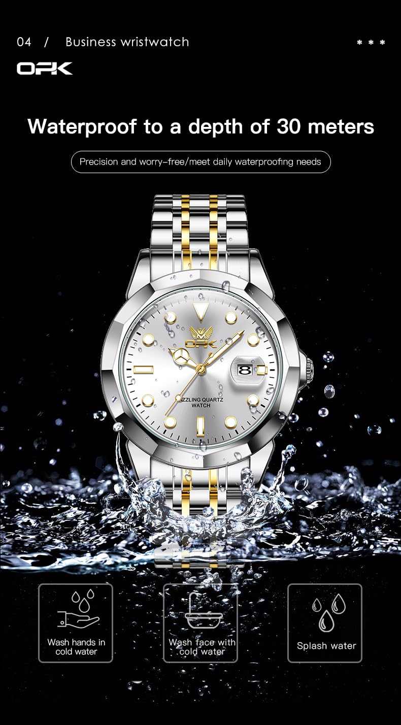 OPK Watch for Men Gold White Simple Fashion Stainless Steel Analog Mens Wrist Watch Large Dial Waterproof Date Casual Watch for Man - Image 5