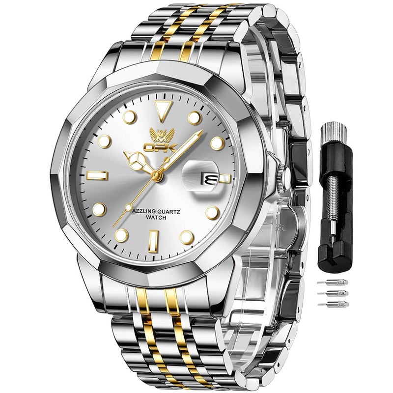 OPK Watch for Men Gold White Simple Fashion Stainless Steel Analog Mens Wrist Watch Large Dial Waterproof Date Casual Watch for Man - Image 1