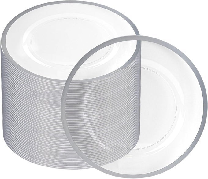 13INCH CHARGER PLATES 48 PACK CLEAR SILVER RIM HEAVYDUTY DISPOSABLE CHARGERS FOR ELEGANT DINING IDEAL FOR WEDDINGS AND FORMAL EVENTS