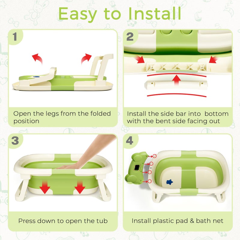 BUNWAG Baby Bathtub, Collapsible Newborn Bathtub for Infant to Toddler 0-24 Months with Soft Cushion and Thermometer,Portable Travel Newborn Tub with No-Slip Feet, Baby Shower Gifts,Green - Image 5
