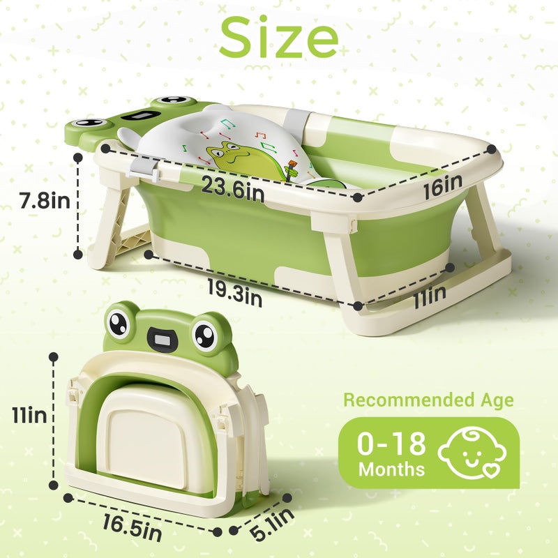 BUNWAG Baby Bathtub, Collapsible Newborn Bathtub for Infant to Toddler 0-24 Months with Soft Cushion and Thermometer,Portable Travel Newborn Tub with No-Slip Feet, Baby Shower Gifts,Green - Image 2