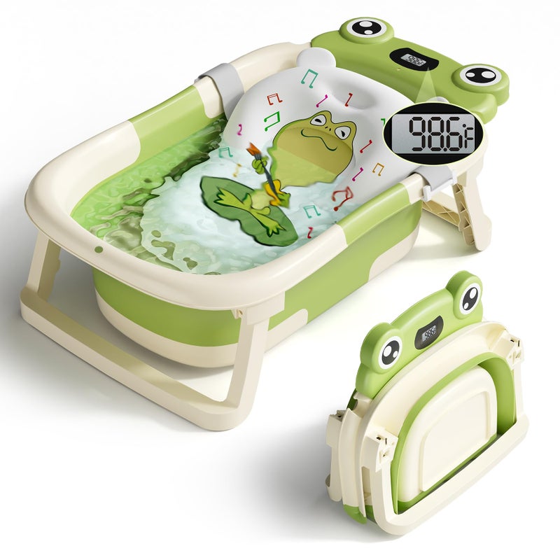 BUNWAG Baby Bathtub, Collapsible Newborn Bathtub for Infant to Toddler 0-24 Months with Soft Cushion and Thermometer,Portable Travel Newborn Tub with No-Slip Feet, Baby Shower Gifts,Green - Image 1
