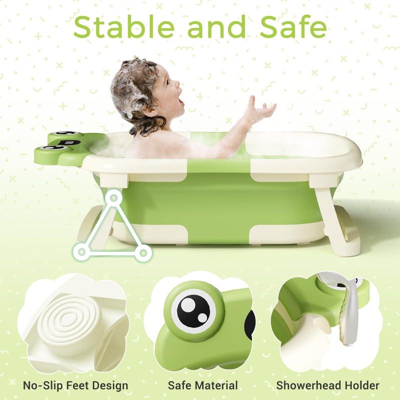 BUNWAG Baby Bathtub, Collapsible Newborn Bathtub for Infant to Toddler 0-24 Months with Soft Cushion and Thermometer,Portable Travel Newborn Tub with No-Slip Feet, Baby Shower Gifts,Green - Image 3