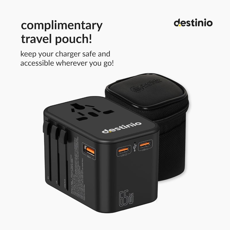 Destinio Universal Travel Adapter 65W LaptopMacBook GaN Fast Charging Adapter with 2 Type C 1 USB Ports Universal Charger Adapter All in One International Travel Adapter for US UK Europe - Image 5