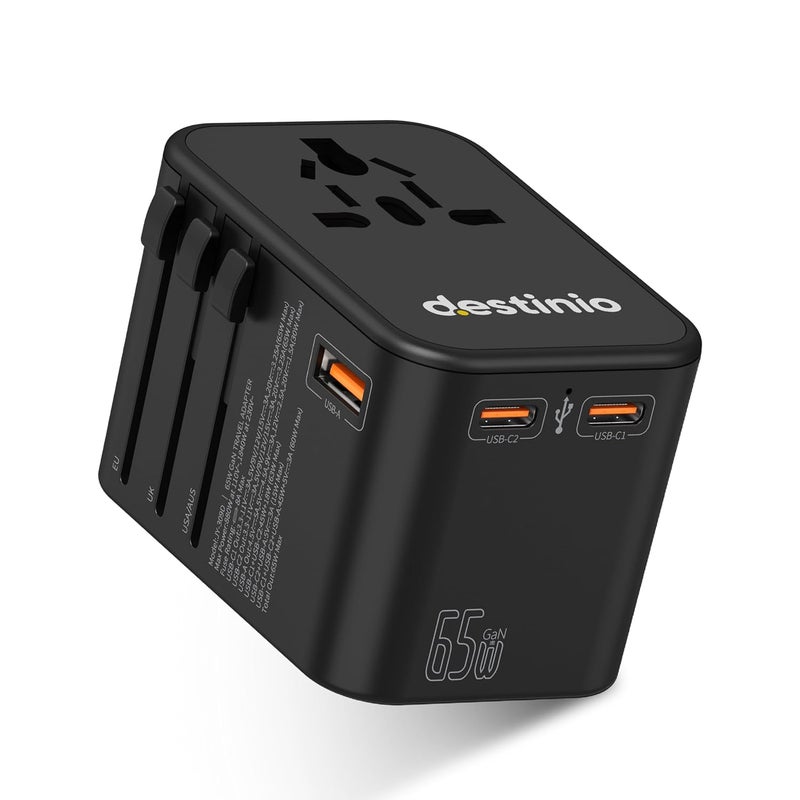 Destinio Universal Travel Adapter 65W LaptopMacBook GaN Fast Charging Adapter with 2 Type C 1 USB Ports Universal Charger Adapter All in One International Travel Adapter for US UK Europe - Image 1