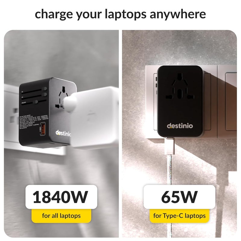Destinio Universal Travel Adapter 65W LaptopMacBook GaN Fast Charging Adapter with 2 Type C 1 USB Ports Universal Charger Adapter All in One International Travel Adapter for US UK Europe - Image 3