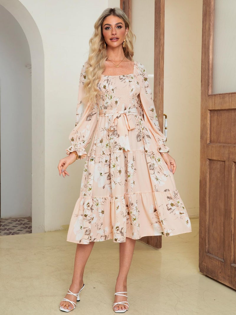 Amegoya Women's Floral Long Sleeve Midi Dress Boho Wedding Guest Dress Square Neck Smocked Tiered Flowy Dress (Floral Peach XL) - Image 2