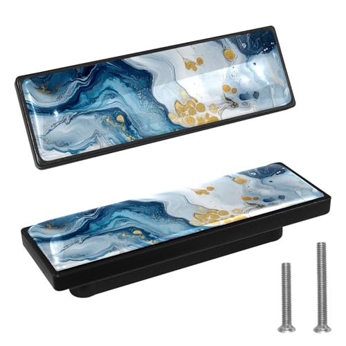 LORVIES 4 Pack 36 Marble Decorative Cabinet Knobs ABS Glass Long Rectangle Black Dresser Drawer Door Handles Pulls for Home Kitchen Bedroom Blue White Gold Liquid - Image 1