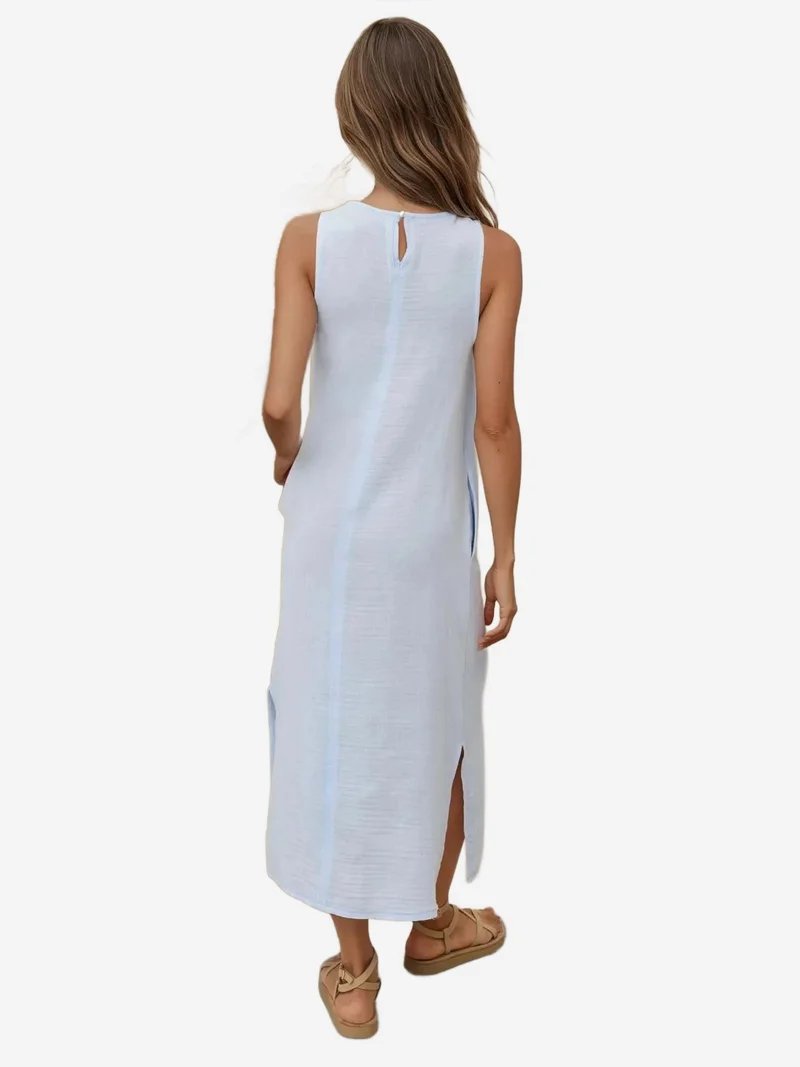 زوبعة فستان شاطئ قطني متوسط الطول بنقشة وشق