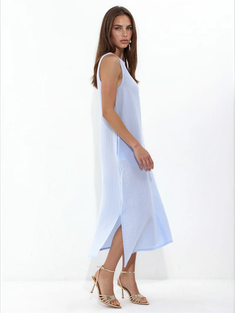 Hiccup Maya Blue Textured Cotton Midi Beach Dress with Slit for Women | Best Price UAE