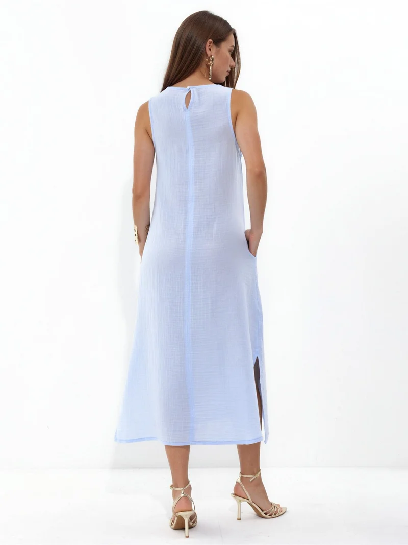 Hiccup Maya Blue Textured Cotton Midi Beach Dress with Slit for Women | Best Price UAE