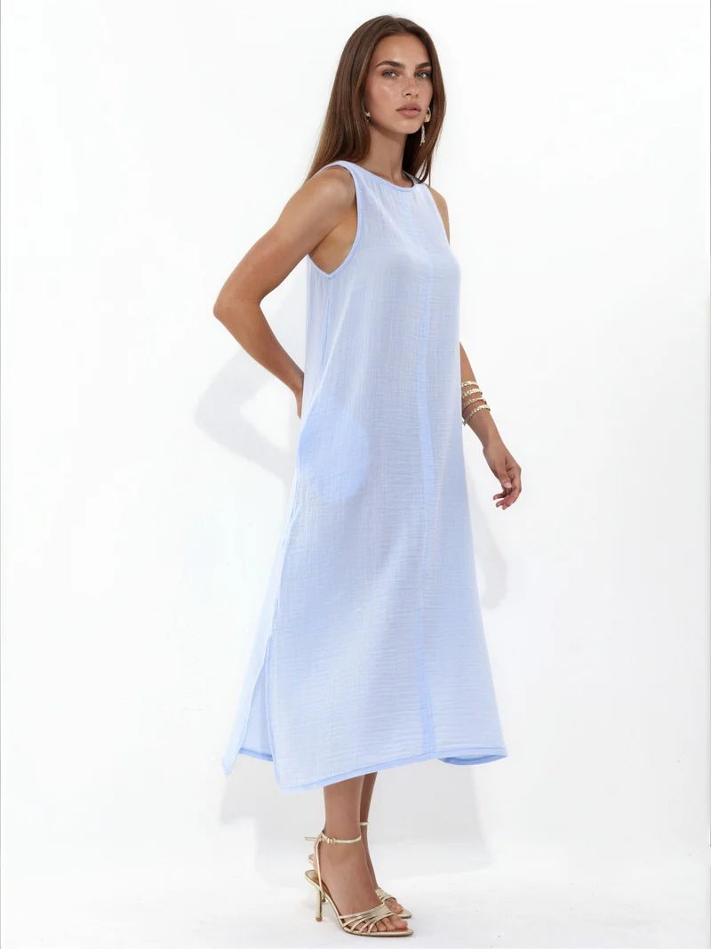 Hiccup Maya Blue Textured Cotton Midi Beach Dress with Slit for Women | Best Price UAE
