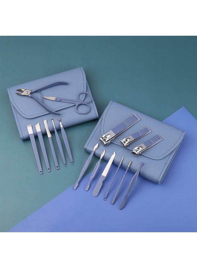 Manicure Set, Nail Clippers, Pedicure Kit, 16 In 1 Professional Grooming Kit Stainless Steel, Nail Toenail Scissors Tools with Luxurious Leather Travel Case Gifts For Men Women Blue Upgraded Version