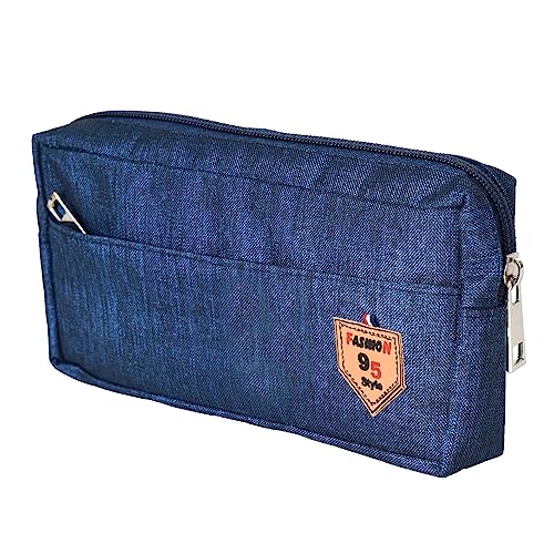 AQBAH Multi-Utility Pocket Large Capacity Pencil Case Canvas Pouch with 3 Zippers School Supply for Students, Stationery Box, Space Pen/Pencil Box for Kids, Boys & Girls Gift (Pack of 1, Blue) - Image 1