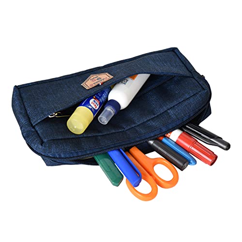 AQBAH Multi-Utility Pocket Large Capacity Pencil Case Canvas Pouch with 3 Zippers School Supply for Students, Stationery Box, Space Pen/Pencil Box for Kids, Boys & Girls Gift (Pack of 1, Blue) - Image 3
