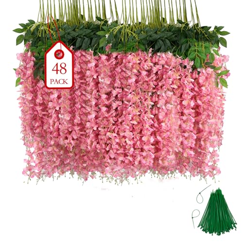 BIRDDIE 48 Pcs of Artificial Wisteria Hanging Flowers, 3.75 Feet Fake Wisteria Flower Strings for Backdrop, Wedding, Ceremony,Garden and Home Wall Decoration (Pink) - Image 1