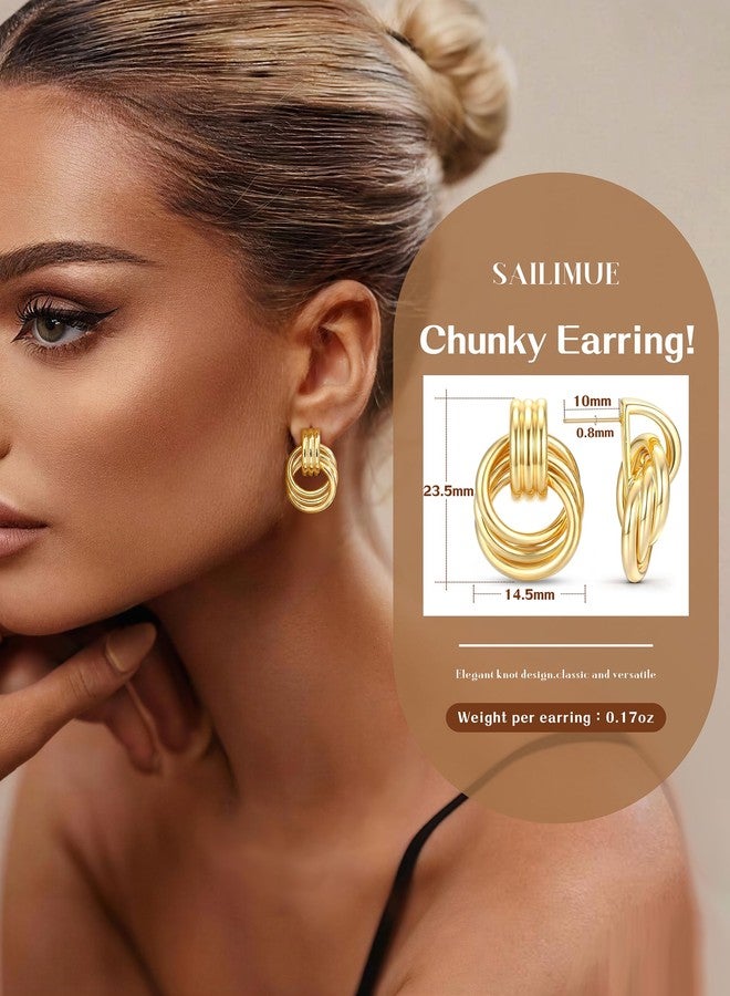 sailimue 14K Gold Plated Knot Statement Earrings for Women Hypoallergenic Chunky Drop Dangle Earrings - Lightweight Fashion Accessories Gold Jewelry Gifts for Womens Trendy, Metal, Cubic Zirconia - Image 5