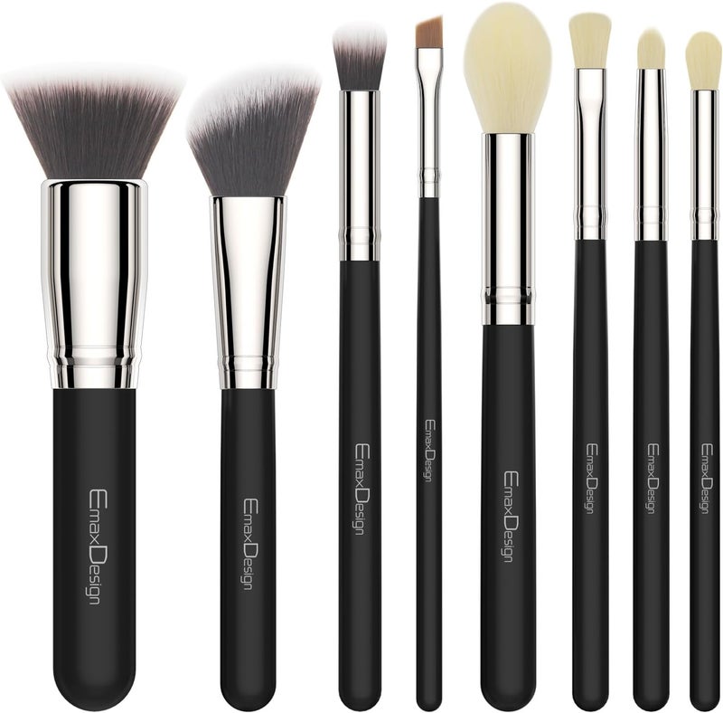 EmaxDesign 8 Pieces Makeup Brush Set Face Eye Shadow Eyeliner Foundation Blush Lip Makeup Brushes Powder Liquid Cream Cosmetics Blending Brush Tools (Silver Black) - Image 1
