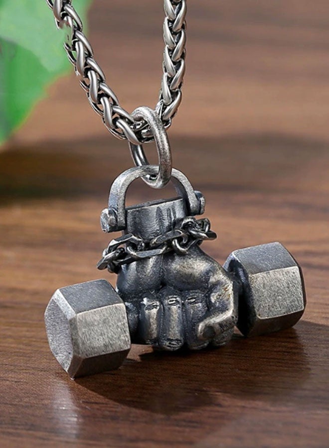 Neutral Dumbbell in hand - health and strength Pendant Personalised versatile Personalised tide models Hip-hop street retro Europe and the United States tide men and women car keychain accessories Fitness personalised couple pendant (vintage silver grey) - Image 1