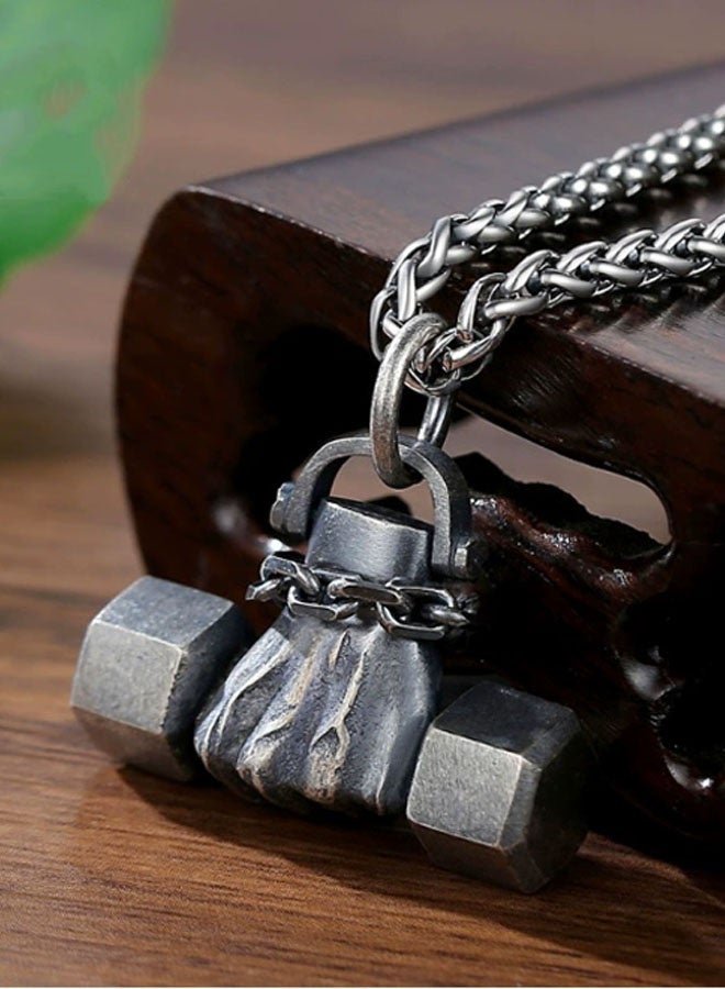 Neutral Dumbbell in hand - health and strength Pendant Personalised versatile Personalised tide models Hip-hop street retro Europe and the United States tide men and women car keychain accessories Fitness personalised couple pendant (vintage silver grey) - Image 2