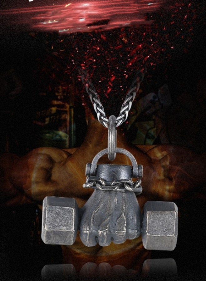 Neutral Dumbbell in hand - health and strength Pendant Personalised versatile Personalised tide models Hip-hop street retro Europe and the United States tide men and women car keychain accessories Fitness personalised couple pendant (vintage silver grey) - Image 4