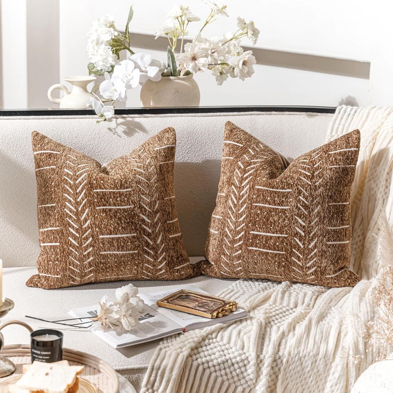 BlissBlush غطاء وسادة ظهري تزييني من ، مقاس 18×18، مجموعة من 2 قطعة، بلون بني، بأسلوب Boho، مناسب للأثاث الريفي، غطاء وسادة ناعم للأريكة أو السرير، لتزيين غرفة المعيشة. - Image 1