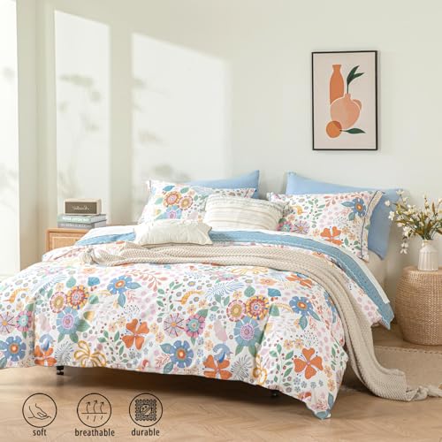 ALEISSEL 100 Natural Cotton 3pcs Floral Duvet Cover Sets White Duvet Cover with Vibrant Artistic Blooms Boho Geometric PatternsSoft Blue Botanical Comforter Cover Sets with Button ClosureKing - Image 3