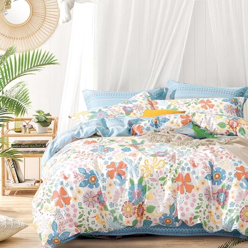 ALEISSEL 100 Natural Cotton 3pcs Floral Duvet Cover Sets White Duvet Cover with Vibrant Artistic Blooms Boho Geometric PatternsSoft Blue Botanical Comforter Cover Sets with Button ClosureKing - Image 1