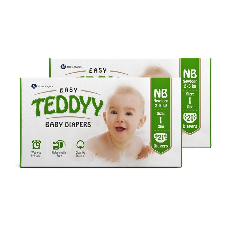 Teddyy حفاضات أطفال سهلة حديثي الولادة 42 قطعة (عبوة من 2)، 2-5 كجم، امتصاص طويل الأمد، مضادة للطفح الجلدي - Image 1