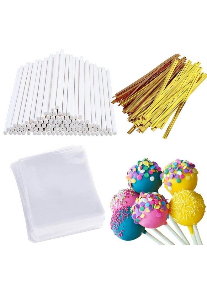 Beauenty 300 Pcs Cake Pop Sticks and Wrappers, Including 100 Pcs 6-inch Lollipop Sticks, 100 Pcs Parcel Bags, 100 Pcs Gold Twist Ties for Making Candies, Chocolates and Cookies - Image 1