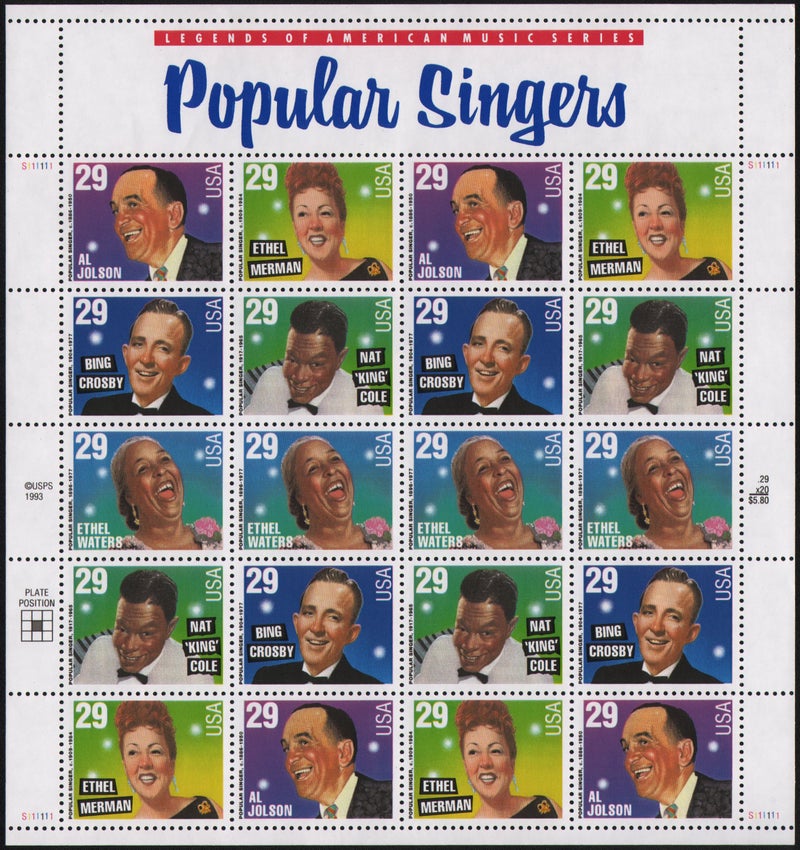 USPS Popular Singers Sheet of Twenty 29 Cent Stamps Scott 2849-2853 - Image 1