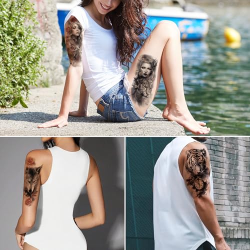 Aivoch Aivoch 10 Sheets Realistic Animals Temporary Tattoo for Men Women Adults, Wolf Tiger Rose Tattoos Stickers, Flowers Fake Tattoo Stickers, Body Art Half Arm Sleeve Tattoos (Animals) - Image 3