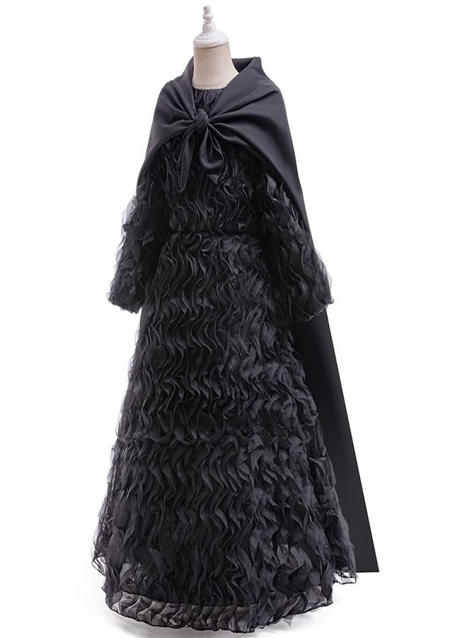 Treayes Halloween Girls Witch Dress Black Ruffled Dresses Set with Cape Glasses Gloves Stockings Pointed Hat for Kids 8-9T - Image 2