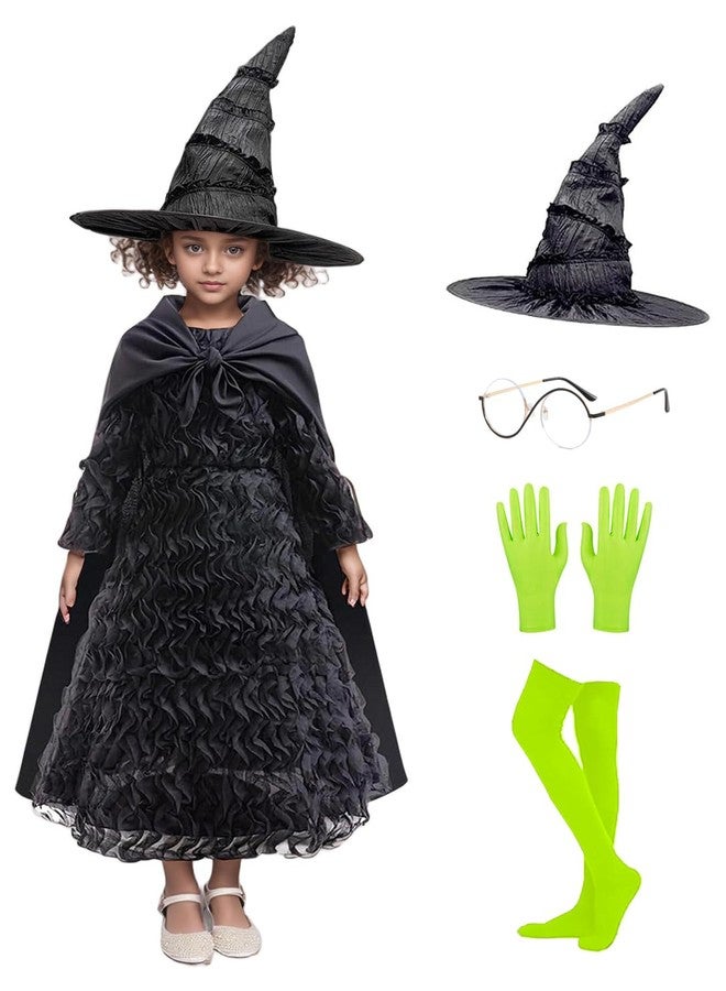 Treayes Halloween Girls Witch Dress Black Ruffled Dresses Set with Cape Glasses Gloves Stockings Pointed Hat for Kids 8-9T - Image 1