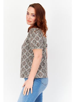 Zero Women Square Neck Short Sleeve Allover Print Top, Brown  - Image 3