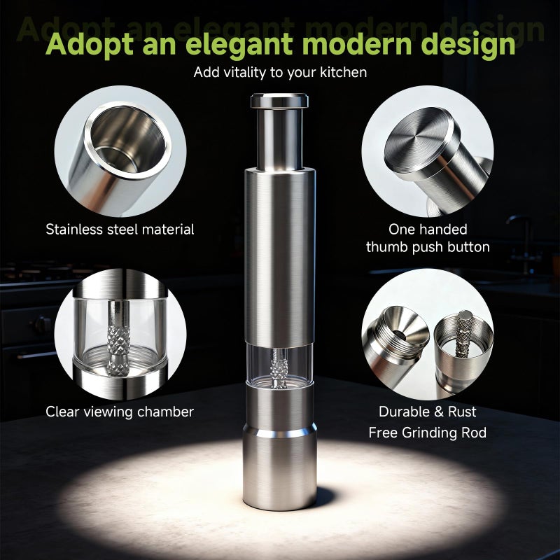 BOKKY Premium Stainless Steel Salt and Pepper Grinder Set â€“ Refillable One-Handed Thumb Press Grinders with Stand â€“ Ideal for Kitchen, Dining, and Gifts - Image 3
