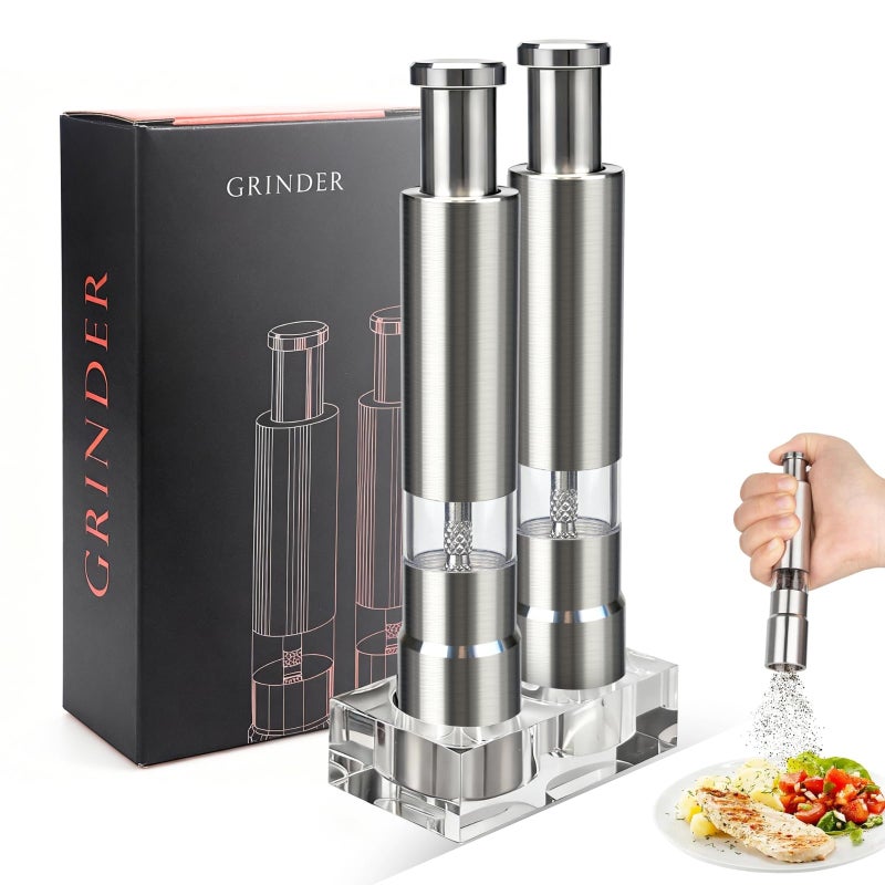 BOKKY Premium Stainless Steel Salt and Pepper Grinder Set â€“ Refillable One-Handed Thumb Press Grinders with Stand â€“ Ideal for Kitchen, Dining, and Gifts - Image 1