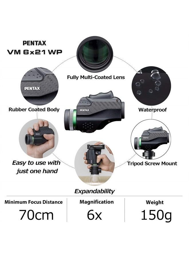 Pentax - PENTAX Monocular VM 6x21 WP Easy to use with just one hand.Universal design that is ergonomically easy to operate. Bright and clear view with high contrast and excellent optical performance.Waterproof - Image 1