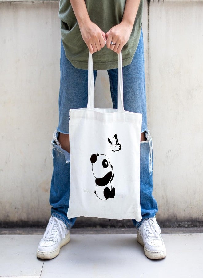 Clapcart Reusable Zipper Tote Bag for Women/Girls | Multipurpose 100% Organic Cotton Printed Tote Bags | Shopping Sturdy Canvas Bag with 12kgs Capacity (Panda With Butterfly Prints) - Image 3