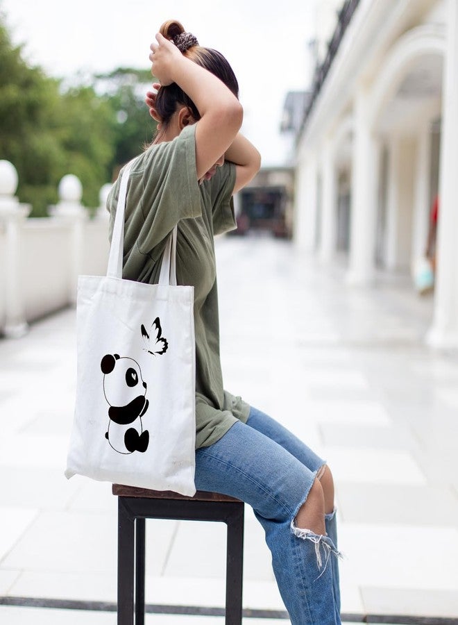 Clapcart Reusable Zipper Tote Bag for Women/Girls | Multipurpose 100% Organic Cotton Printed Tote Bags | Shopping Sturdy Canvas Bag with 12kgs Capacity (Panda With Butterfly Prints) - Image 4